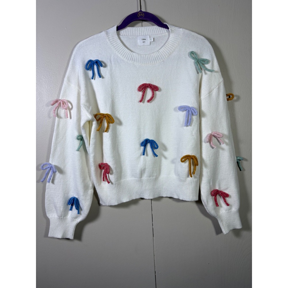 Luna Ivy White 3D Bow Applique Crew Neck Sweater S Coquette Ballet Girly Kawaii